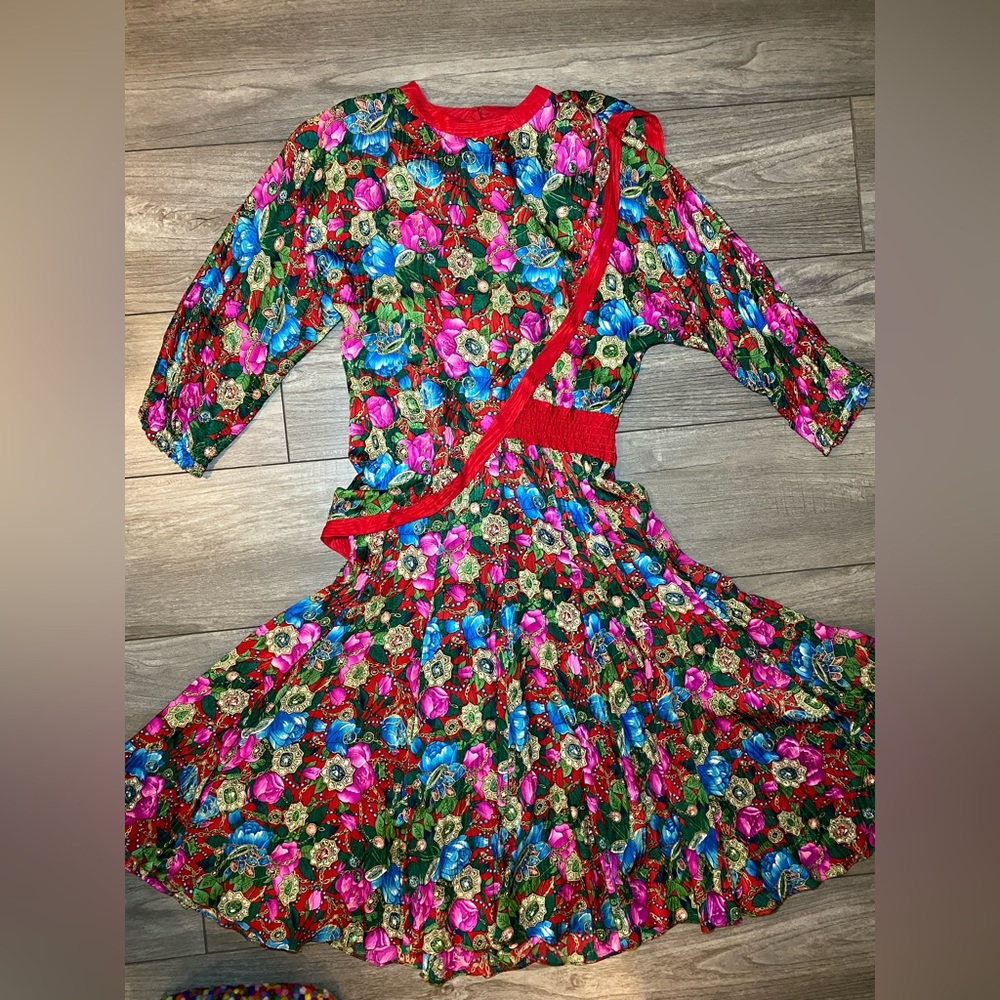EUC True Vintage 1980s Diane Freis 100% Silk Bright Floral Maxi Dress - Picture 5 of 13